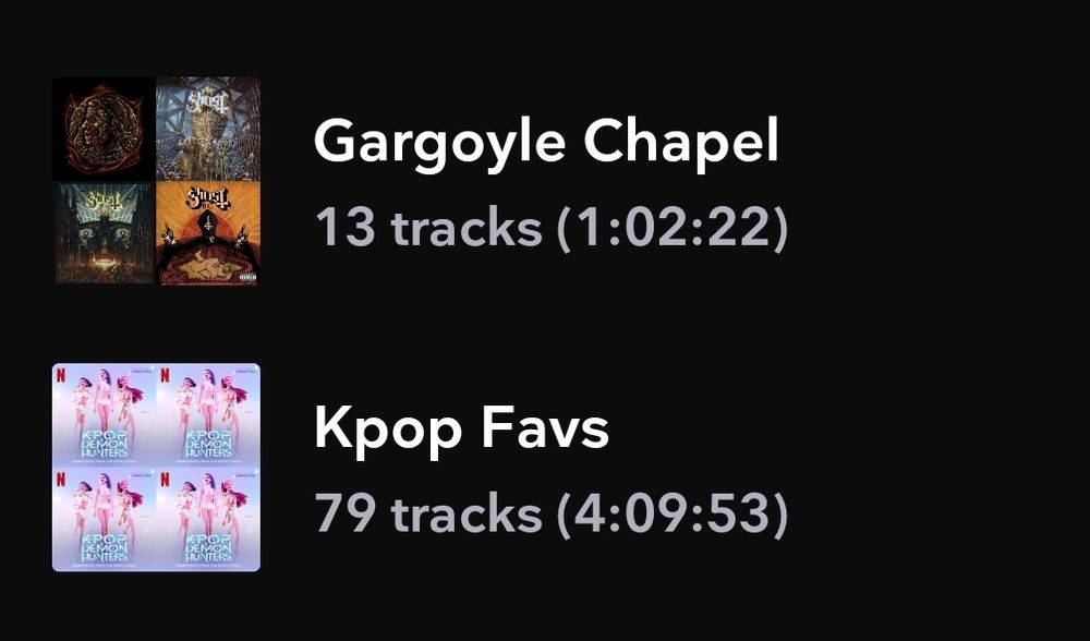Two playlists display. One is called gargoyle Chapel and the other is kpop favs