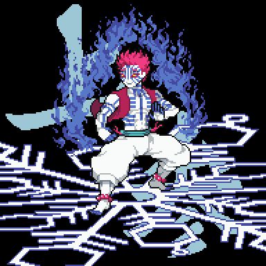 The Upper Third Moon, Akaza, in his signature battle pose standing on his compass with a blue flame aura surrounding him. Behind him is the kanji for Upper Third.