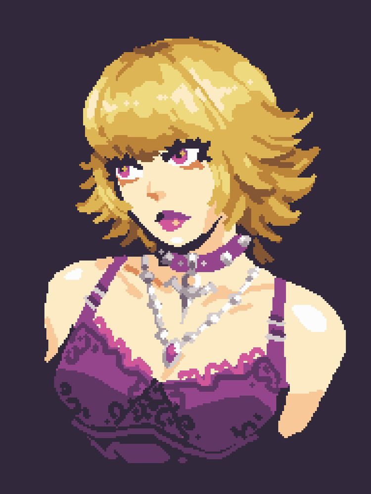 A bust shot of a thin, light skinned woman with purple eyes and short blonde hair, wearing a purple choker with metal spikes and a purple corset top. She also has a silver necklace and purple lipstick.A bust shot of a thin, light skinned woman with purple eyes and short blonde hair, wearing a purple choker with metal spikes and a purple corset top. She also has a silver necklace and purple lipstick.