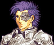A headshot of a light skinned man with short, purple hair slicked to the side, wearing shiny and ornate silver armour. The area around one eye is partly turned to stone.