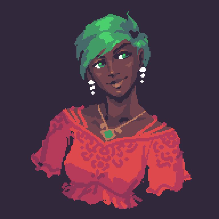 A bust shot of a thin, dark skinned woman with green eyes and short green hair, wearing a gold necklace with a green gem, and a red cropped shirt with short frilly sleeves.