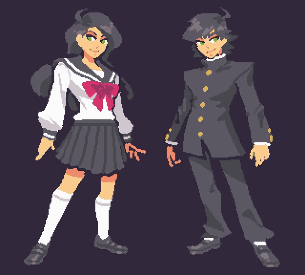 A thin, light skinned girl with long, black hair wearing a black japanese sailor fuku uniform with a red bow, white socks and black loafers. She is standing next to a thin, light skinned boy with short black hair wearing a black gakuran uniform with gold buttons and cuffs, white socks and black loafers.