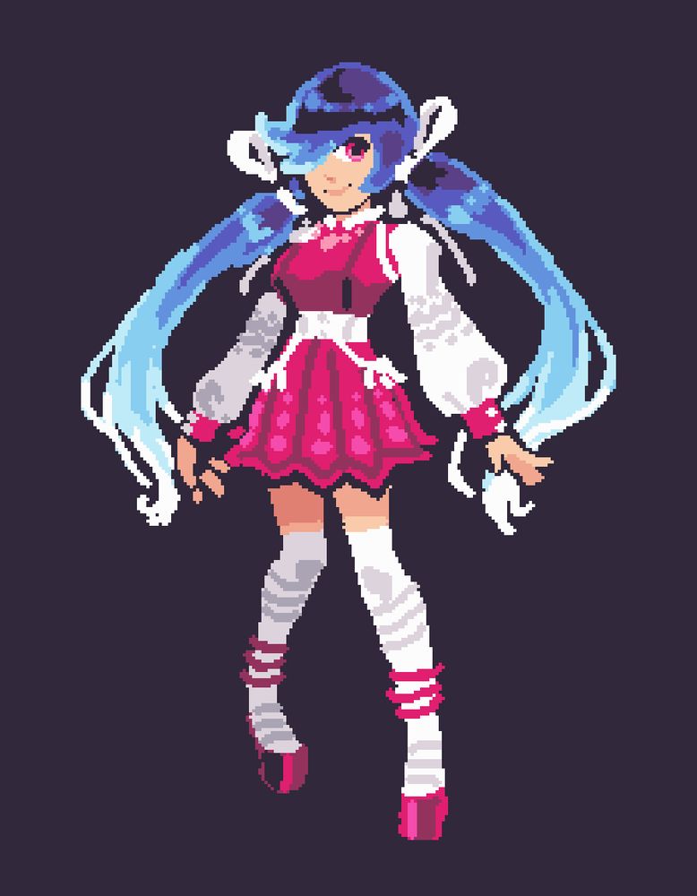 A thin, light skinned woman with dark pink eyes and blue hair, done in twintails that are dark blue at the root and turn white at the tips, and tied with white ribbons at the head. She is wearing a dark pink sleeveless dress with a short skirt over a white shirt with lantern sleeves and dark pink cuffs, held by a white belt with two chains hanging from it. She is also wearing white platform boots with dark pink soles.