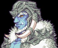 A head shot of a muscular, old orc with light blue skin and yellow eyes. He has large canines visible, slightly bushy eyebrows and a short white beard.He is wearing an iron helmet with large tusks on the side, iron pauldrons and white fur. The visible portion of his chest is bare.
