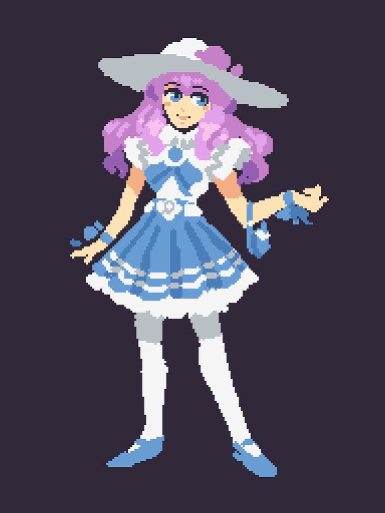 A sketch of Florina with silky, wavy hair, wearing a sleeveless blouse with frills on the shoulders and collar and a white brooch with a blue gem and ribbon. She has a wide knee length blue skirt held by a white belt with a flower shaped buckle and ruffles underneath, and is wearing white stockings with blue mary jane shoes. She is wearing a white, wide brimmed hat with purple flowers, blue ribbons on her wrists and carrying a small blue purse.