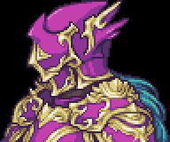 A headshot of a person covered in an ornate purple armour with gold decorations. The only visible identifying feature is long teal hair coming out of their helmet.