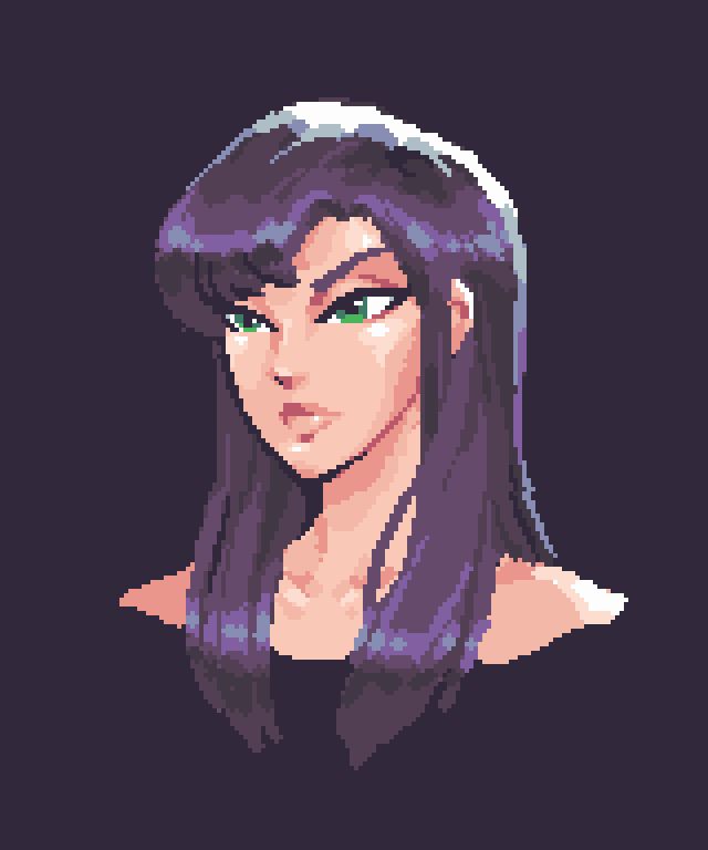 A head shot of a light skinned woman with sharp green eyes and long, smooth and silky black hair. She has a cold, detached expression.