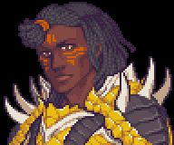 A headshot of a muscular dark skinned man with black hair done in a tribal african style and orange face paint. He is wearing armour that appears to be made from reptilian hide, with yellow scales, white bone parts and black segments.