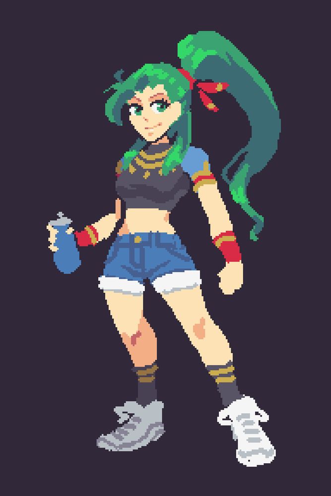 A sketch of Lyn with her hair tied back into a long ponytail with a red bandana, with two strands hanging from behind. She is wearing a cropped T-shirt with a black chest and blue shoulders and yellow patterns around the neck and arms. She is also wearing short jeans, black socks, white sneakers and red wristbands. She is also holding a water bottle in her hand.