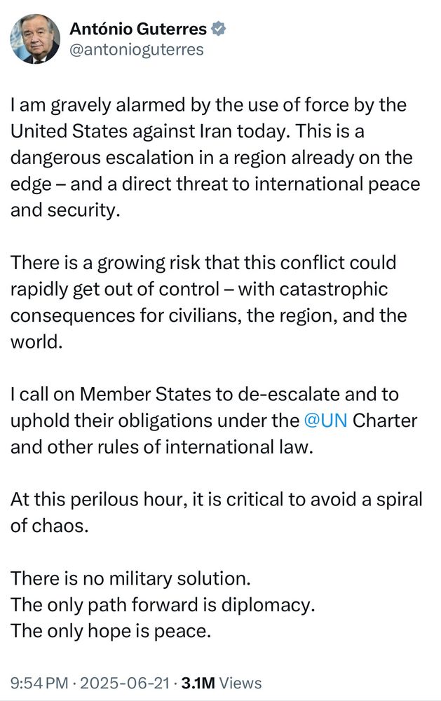 Statement about US bombing of Iran from UN Antonio Gutteres