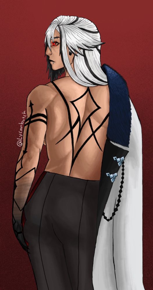 Arlecchino poses tastefully while showing off their back muscles