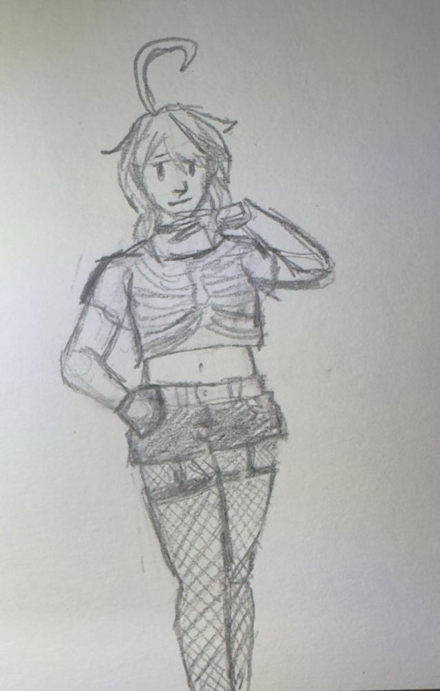 Furina stands in a skeleton crop top, shorts, thigh high garters and fishnets, a spiky collar rests on her neck, the tiniest peak of droplet earrings peaks out from her hair