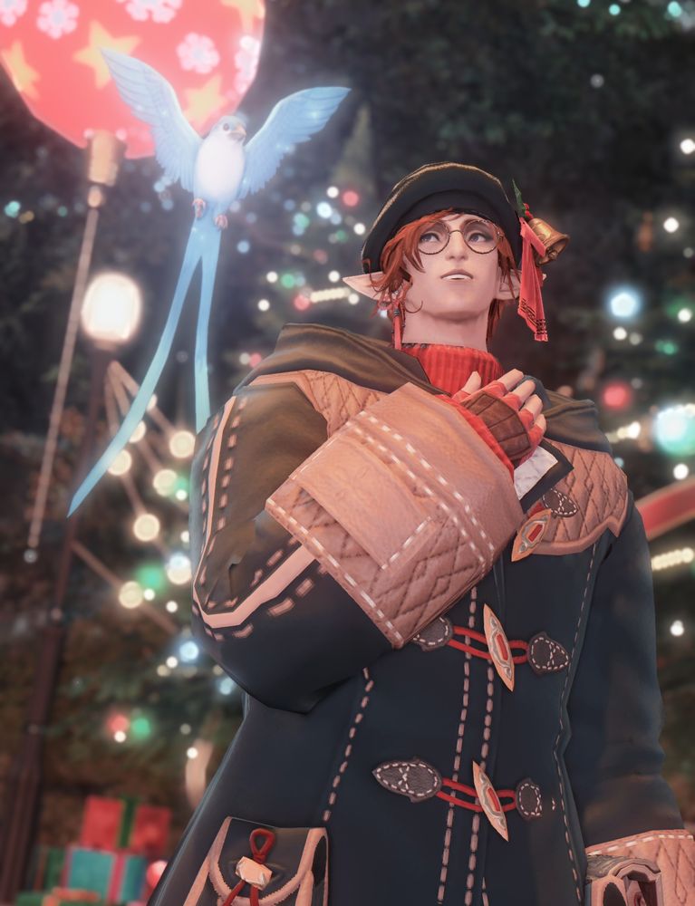 Same Elezen, with his hand to his heart looking around at the christmas lights in wonder. Meteion flies unnoticed behind him.