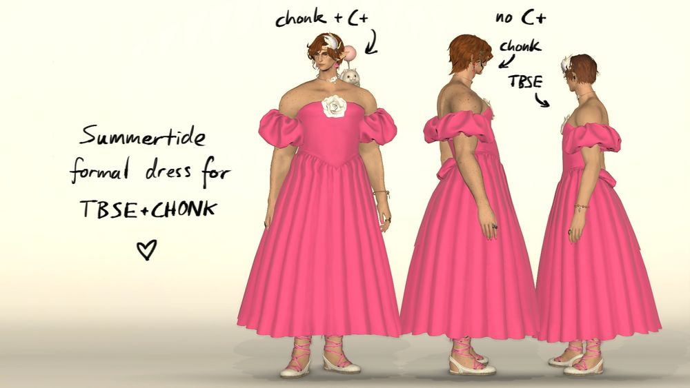 "Summertide formal dress for TBSE and Chonk!" Written with 3 men dressed in example dresses, of tbse, chonk, and chonk with c+