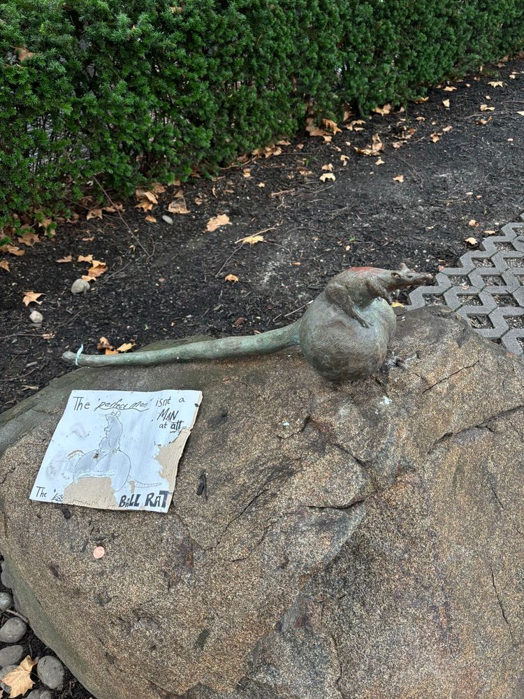 Sculpture of a rat sitting on its own giant balls 