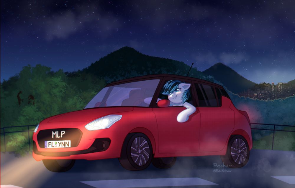 My pony OC Light Jet driving a car through the night, leaning out of the driver's window.