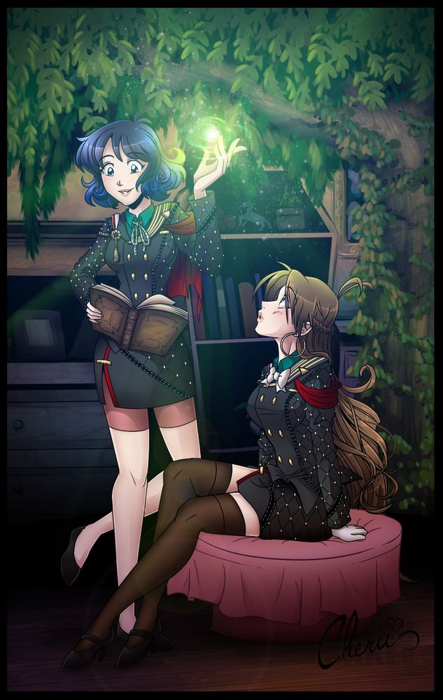 A woman with short hair reads from a book and creates a green orb of magic in her hand, while a woman with long hair watches from an ottoman with interest.