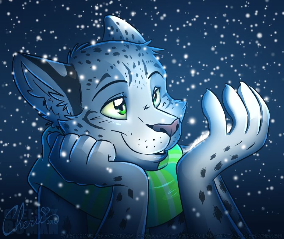 A snow leopard male admires the falling snow against the night sky.