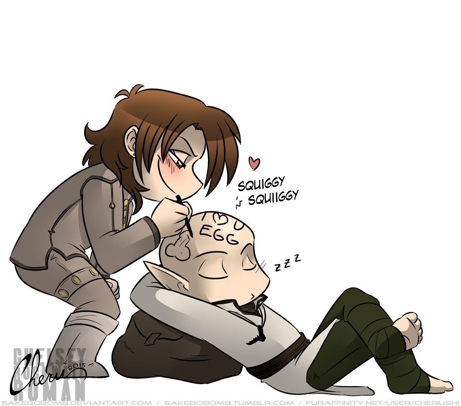 Aly in the process of drawing a dick on the sleeping Solas' head.