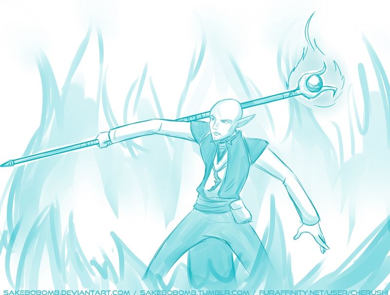 Solas uses a fire attack with his magic.