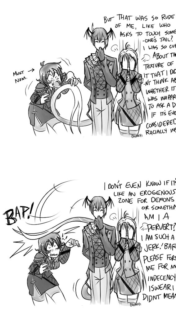 Kaori rambles about being rude and wondering if she is racially ignorant to demons while Barbatos listens, amused. He is seemingly unaware of Rowan about to bite his tail, but without missing a beat, smacks the girl on the head with his tail. 
