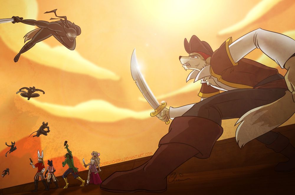 A pirate prepares as a ninja attacks from the sky.