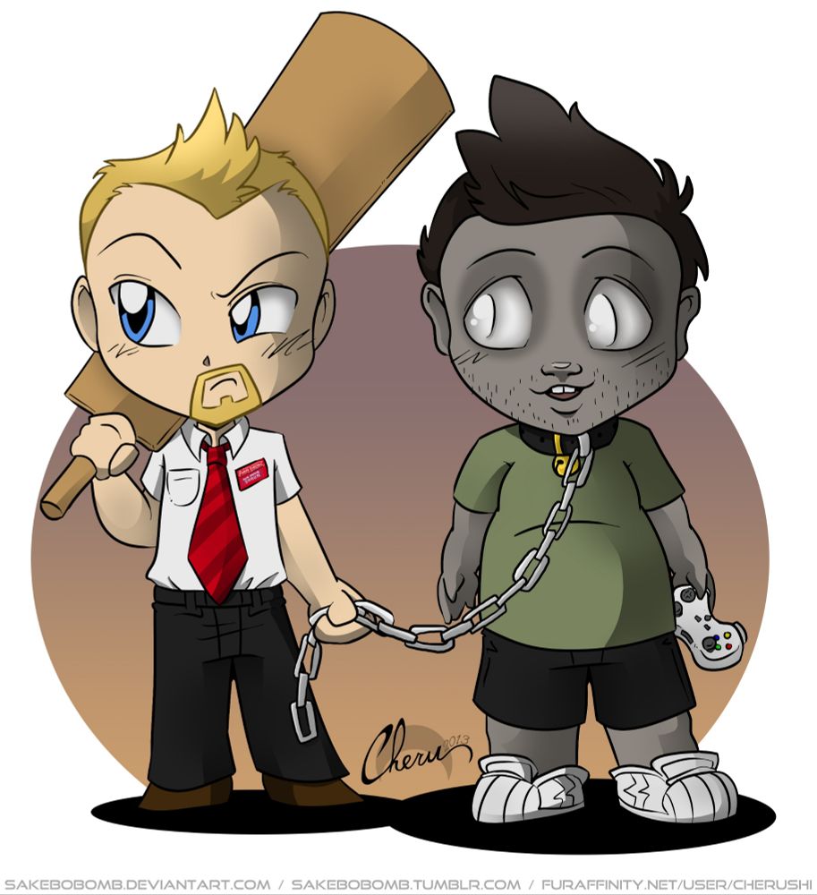 A blond man in a retail uniform holds a cricket bat in one hand, and a chain in the other...which is attached to the collar around the neck of his zombie best friend.
