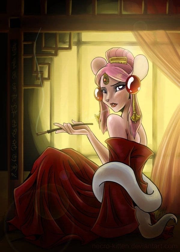 A pink mouse woman sits in a boudoir smoking a cigarette, her robe slipping from her shoulders.