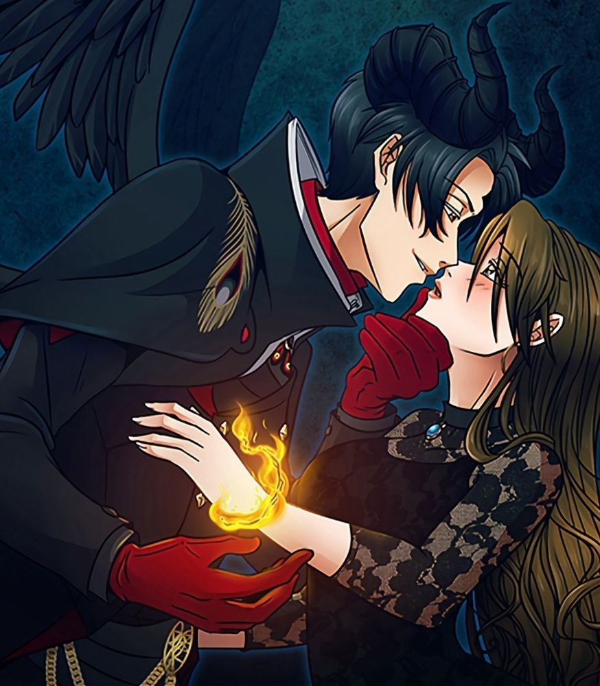The demon Lucifer holds Kaori by the chin, leaning in to kiss her as he burns away her protective bracelet.