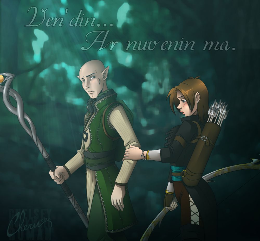 A woman holds an elf man's arm, quietly begging him in his language not to leave.
