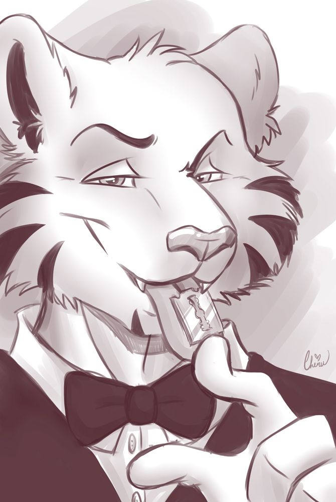 An illustration of a male tiger anthro in a suit. He is pushing a razorblade carefully with his finger onto his tongue to conceal it for a magic trick.