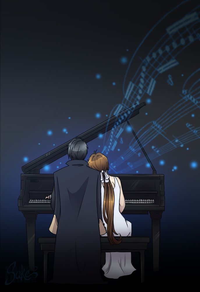Lucifer resumes playing the piano, and Kaori leans her head on his shoulder in a quiet moment of bonding.