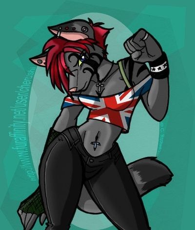 A wolf girl, Ja'Ren, in a punk outfit.