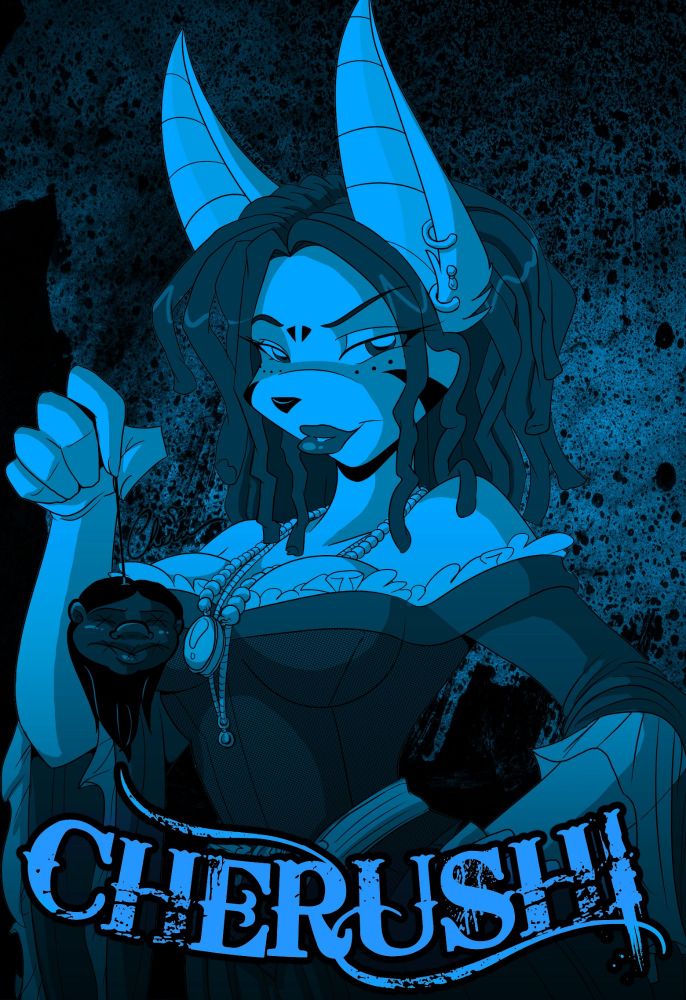 Cherushi dressed as Calypso holding a shrunken head.