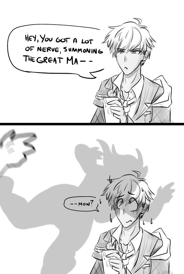 Mammon, arrives. He says "Hey, you got a lot of nerve, summoning the great Ma--" He looks up from his phone just as a shadow of a plump woman drops from the sky towards him. "--mon?" He looks disturbed.