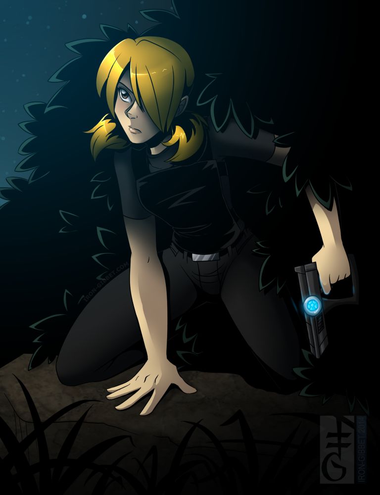A girl crawls from the shadow wielding a gun.