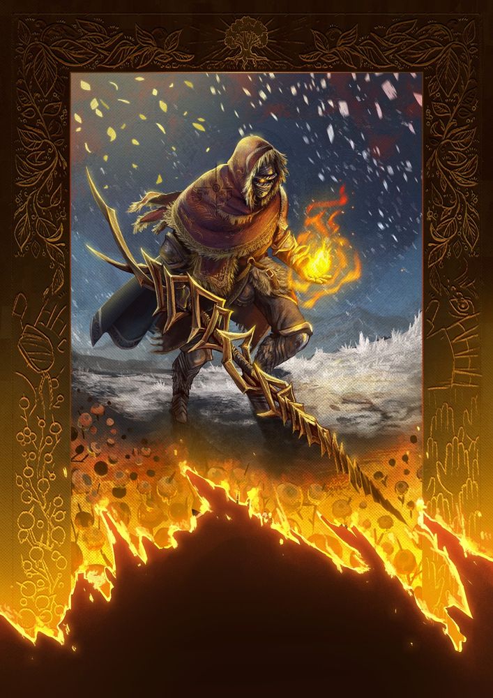 An illustration of a tapestry that is burning at the bottom. 

The subject matter within the tapestry is of a knight holding on his right hand a golden jagged lance of sorts and on his left is a yellow flame. He is marching on what looks like a mountain top. Above him are fallen golden leaves on the left and snowfall on the right. Closer to the flames that are consuming the tapestry are yellow eyeballs impaled onto branches. As for the border of the tapestry there are leaves on the top corners and a tree in the top middle. The left bottom side has a hand holding a rock, and the same eyeballs impaled by thorns. On the right side is a hand hiding a face but one eye looks directly in front. Below that are a bunch of hands.