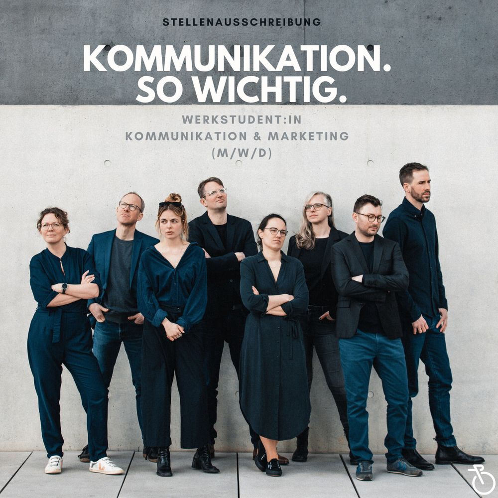 Kommunikation. So wichtig. Stellenausschreibung Werkstudent*in Kommunikation & Marketing. Darunter ein Bild des Teams von Zukunft Fahrrad in dunkler Kleidung, schlecht gelaunt guckend.
