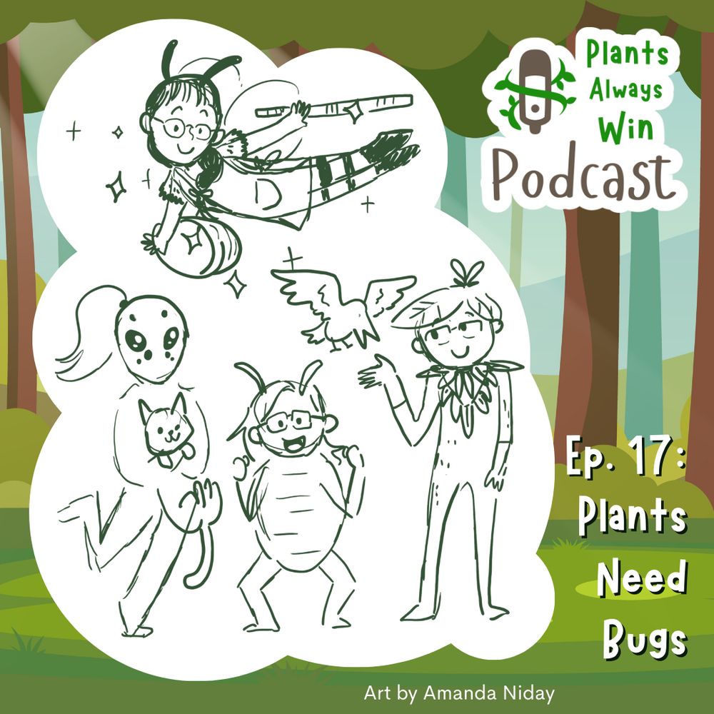 A sketch of four nature-inspired humanoid characters is overlaid against a cartoon forest background. A girl with bumblebee wings and antennae flies through sparkle-filled air carrying a basket and a staff. A woman with the face of a wolf spider holds a cat. Another with the body of a beetle does an enthusiastic power pose. A man with bark skin and leaf hair holds a loving hand out for a bird to land on. The Plants Always Win Podcast logo sits in one corner, and text in another reads: Episode 17, Plants Need Bugs. Art by Amanda Niday. 