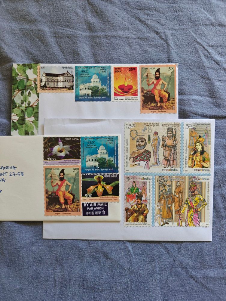 Stamps from India depicting religious art, mythology, temples, churches and Indian fashion across the ages.