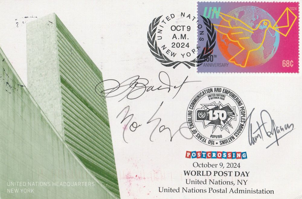 A photo of a maximum postcard released for and official Postcrossing meet-up on World Post Day (9th October) celebrating 150 years of the  UPU with a special cancellation and commemorative postage stamp.