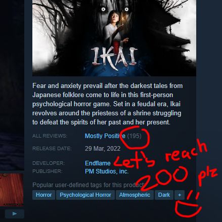 Steam's store page of the game Ikai with 195 reviews asking to reach 200 reviews