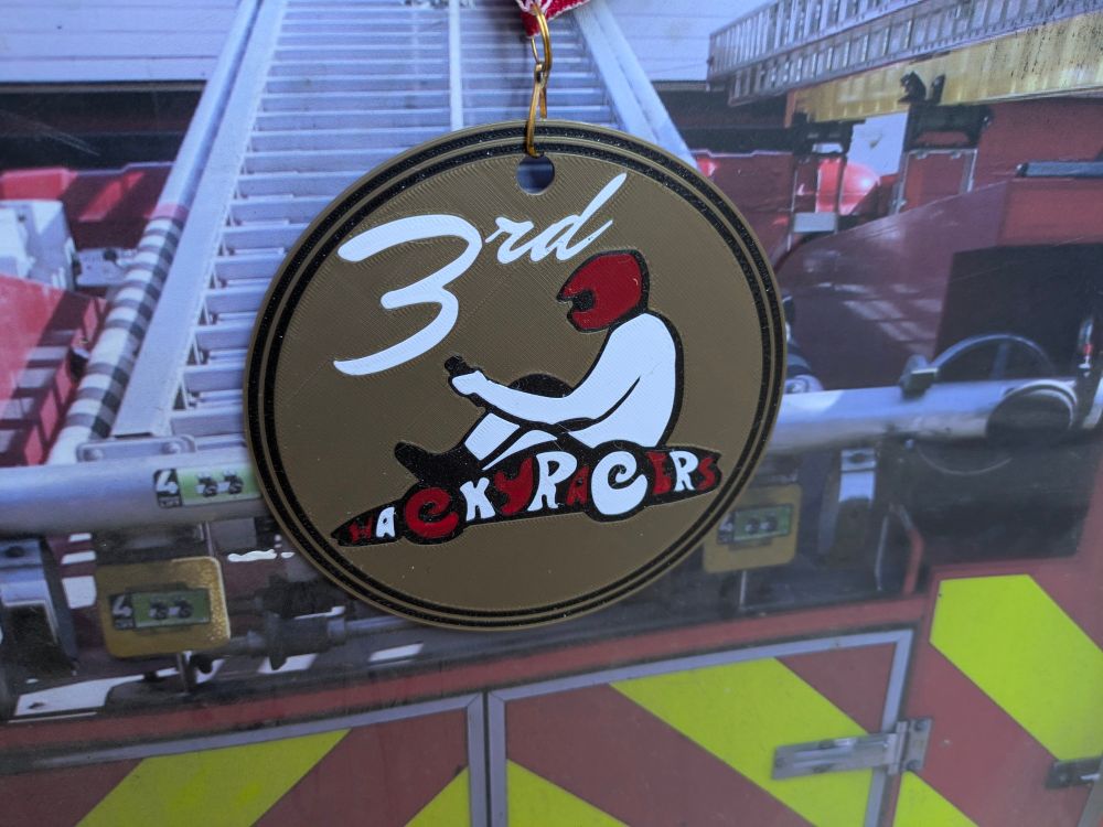 The back of Rule Zero, with a multi-colour 3D printed bronze medal.