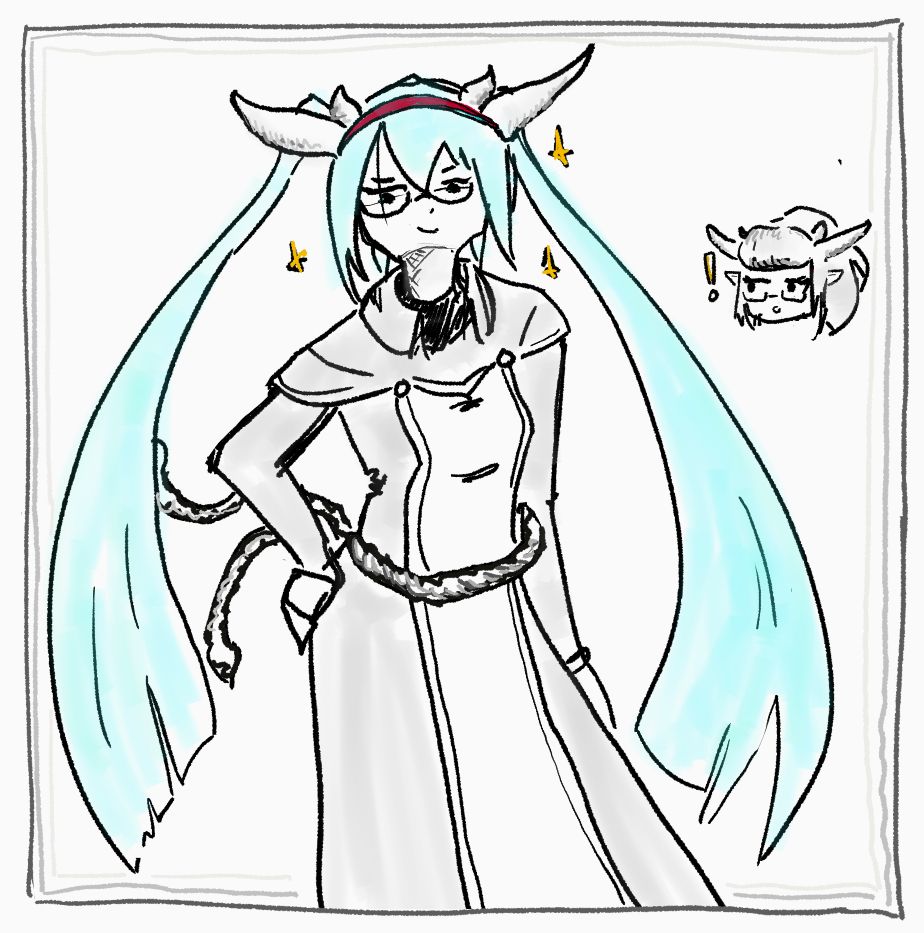 sketch of miku wearing void lord clothes and fake horns from void stranger