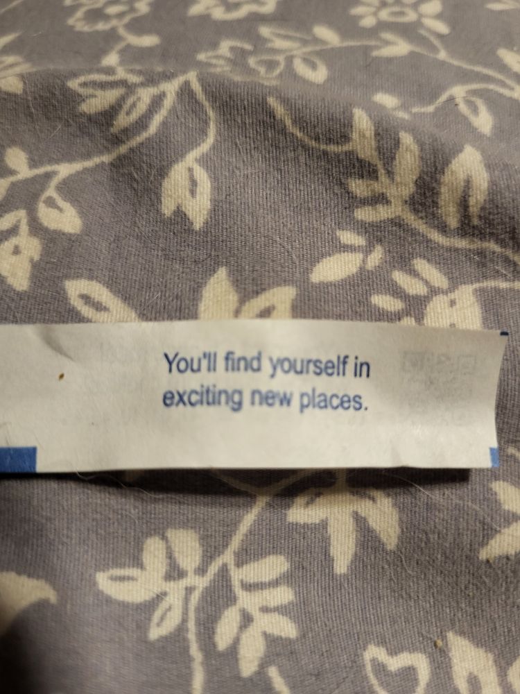 A fortune from a cookie on a blue and white pillowcase.