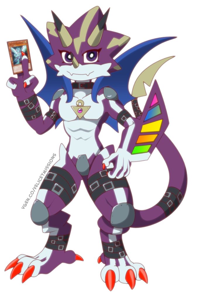 a dark purple, ceratopsian anthro digimon imbued with white and golden stripes. His (our) right arm is shaped like a duel disk and he is holding a Galaxy Eyes Photon Dragon yugioh card while also wearing a shitton of black belts. His blue wings are wrapped around his shoulders and he has a winning smile.