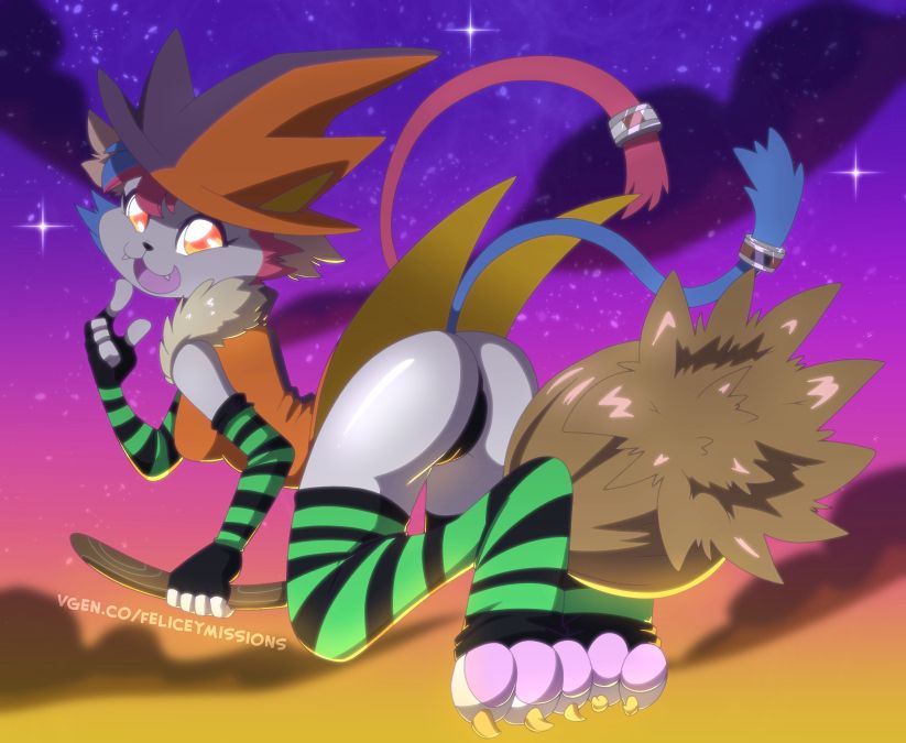 a mostly white-furred anthro cat in striped stockings and a witch costume on a broom presents her butt to the camera. The background is an evening autumn sky