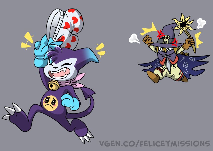 A purple demon child digimon with baby blue accents laughs while she's running and holding the underwear of the wizard-like digimon wearing a purple mantle and yellow jumpsuit chasing angrily behind her.