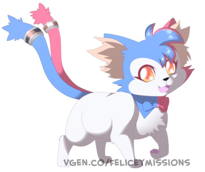 a pastel blue, pink and white-colored cat with Amber eyes and 2 tails trotting towards the right