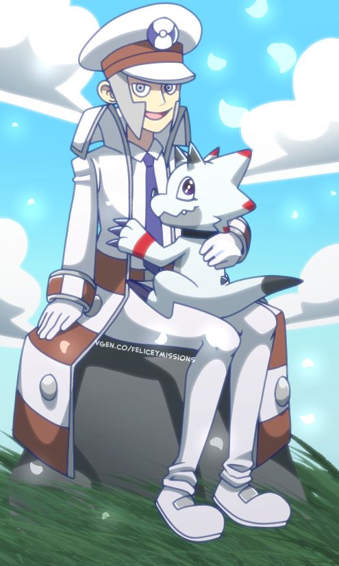 an unassuming picture of Emmet, a white-clad subway master, sitting on a poorly-rendered Boulder while having a white ceratopsian digimon named Yugito sitting on his lap. Both are sporting sweet smiles